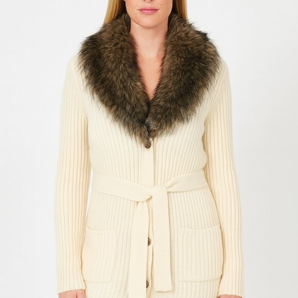 Designer Ribbed Knit Cardigan w/ Detachable Faux Fur Collar & Belt Sz L - Picture 12 of 12